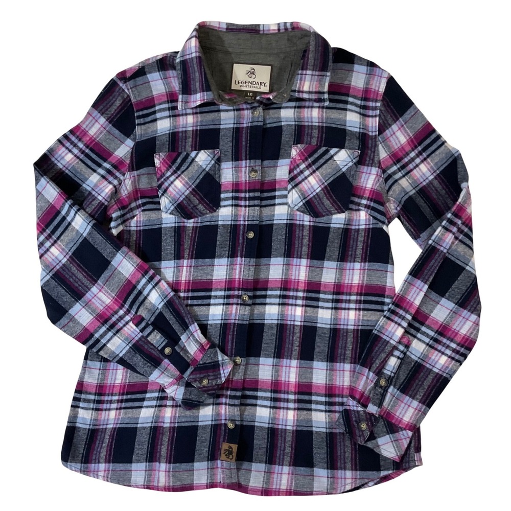 Legendary Whitetails Womens Large Flannel Shirt Navy Pink Plaid Cotton Button Up